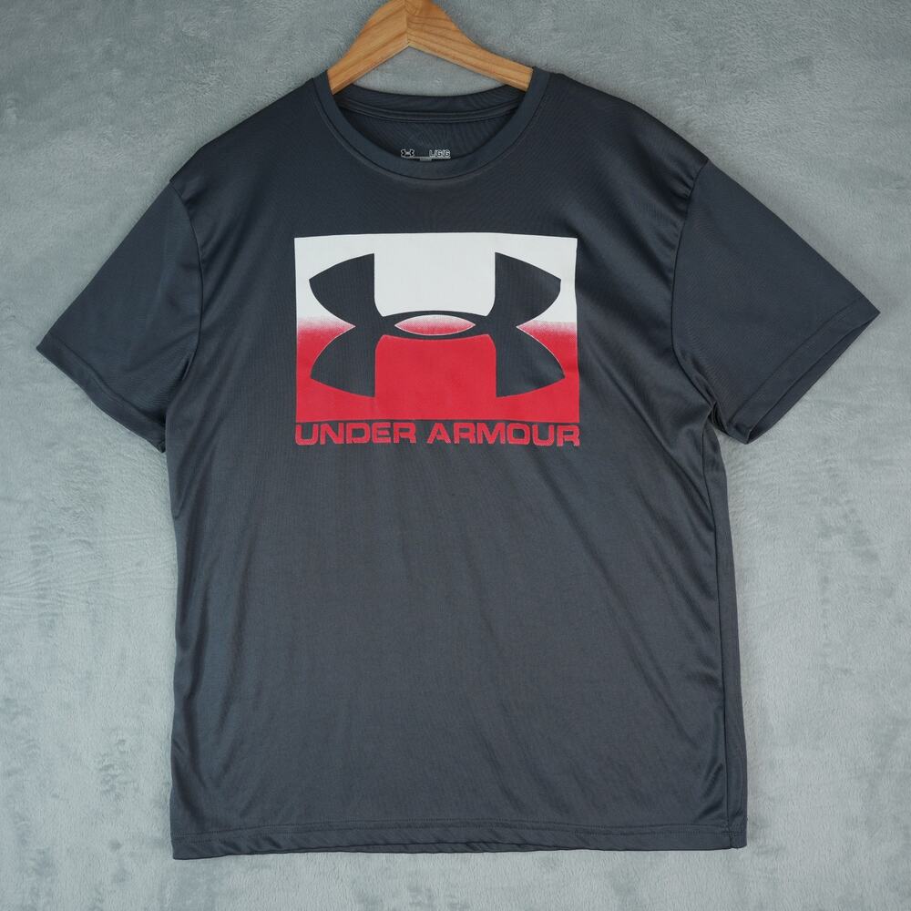 Under Armour T-Shirt Mens L Gray Heat Gear Big Logo Performance Tech Loose Fit